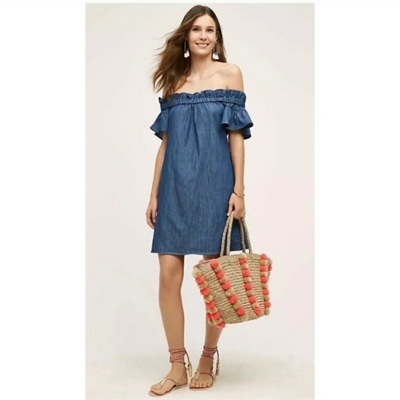 Corey Lynn Calter Anthropologie Chambray Off the Shoulder OTS Mini Dress Size M - Picture 4 of 11
